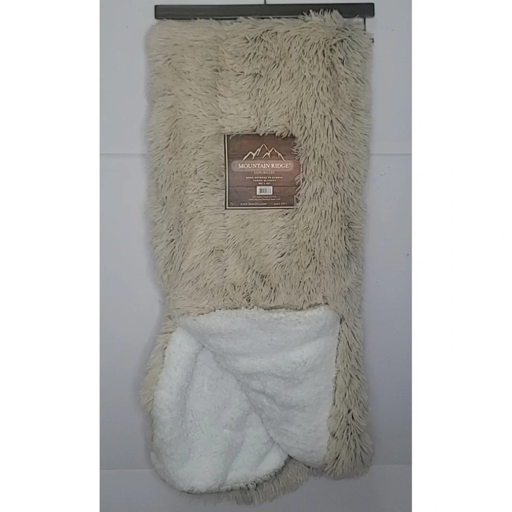 Mountain Ridge Throw Blanket 50x60 Cream Shag Reverse to Sherpa Cozy Cabincore